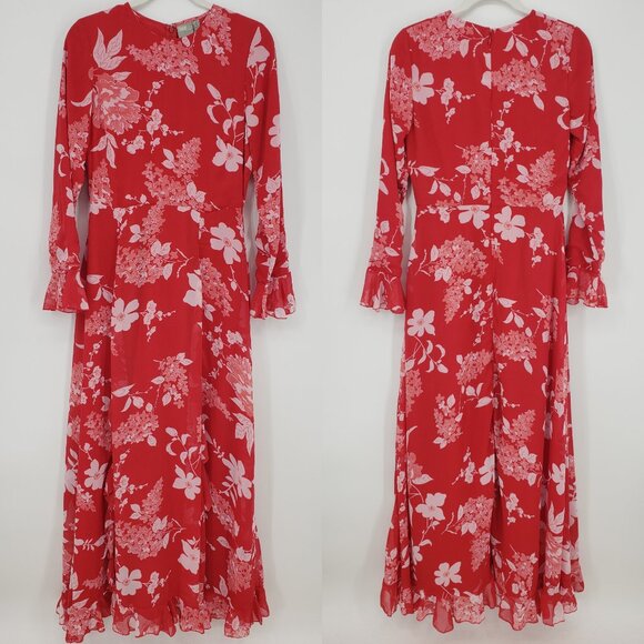 ASOS Floral Print Ruffle Ruffle Trim Maxi Dress 6 Long Flare Sleeves  Red White - Picture 1 of 13